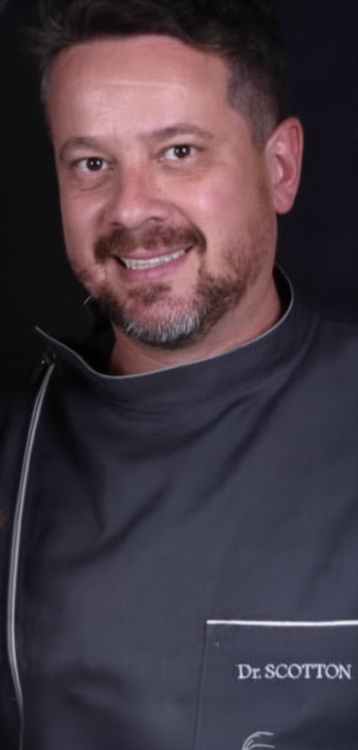 Dr. Ricardo Scotton de jaleco cinza, sorrindo, em retrato de estúdio